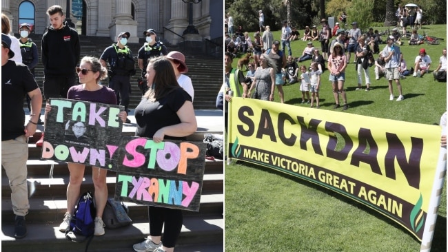 One person who led the march carried a huge placard that wrote, "Sack Dan, make Victoria Great Again". Picture: News Corp