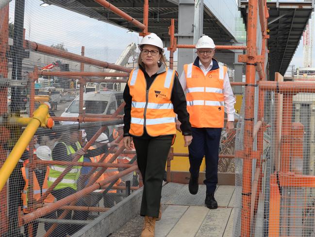 Jacinta Allan was in a rush to lead Anthony Albanese away at the North East Link site. Picture: Andrew Henshaw