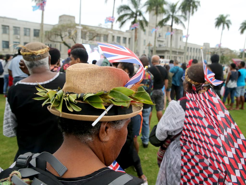 Crowds gather for the arrival of The Duke and Duchess of Sussex, Prince Harry and Meghan at Prince Albert Park in Suva for their traditional welcome to Fiji. Picture: Nathan Edwards.