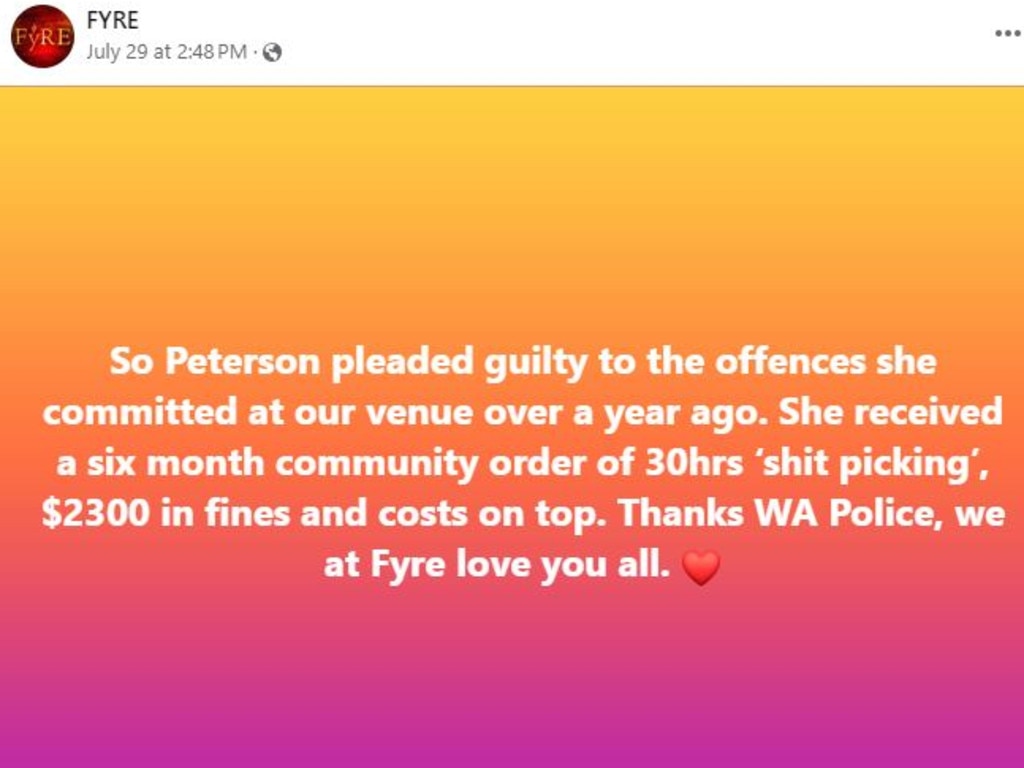 A post by Fyre restaurant on Facebook after Ms Peterson pleaded guilty. Picture: Facebook