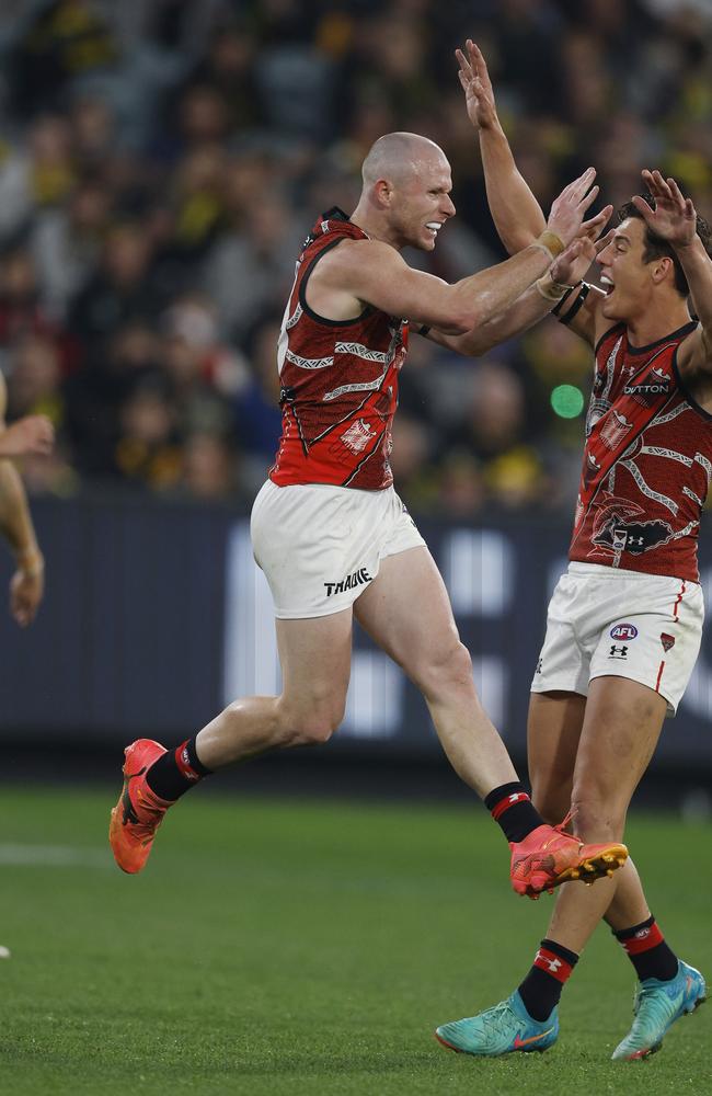 Nick Hind celebrates a second quarter goal at Dreamtime at the G. Picture: Michael Klein