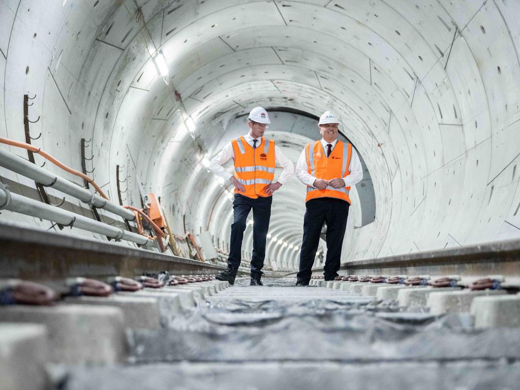 Worm on thw NSW Premier Dominic Perrottet and NSW Transport Minister David Elliott on a tour of a tunnel section of the metro line, which could be heavily delayed by strikes. Picture: James Gourley