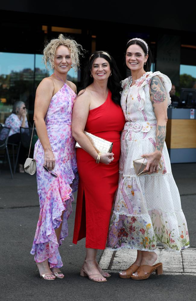 TAB Epsom Day racegoers (L-R) Kelly Hatch, Nat Newbigging and Kim Boardman at Randwick Racecourse. Picture: Jane Dempster