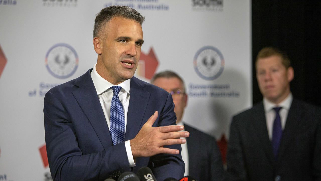 Premier Peter Malinauskas with SES Chief Chris Beattie, Federal Minister for Emergency Management Murray Watt and Emergency Services Minister Joe Szakacs. Picture: Emma Brasier