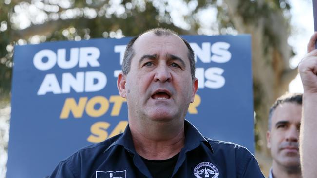 Rail, Tram and Bus Union SA Secretary Darren Phillips speaks at the launch of the campaign against privatisation on Sunday. Picture: AAP/Emma Brasier