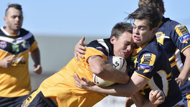 Cooper Bowyer (right) tackles Gatton’s Brendan Simpson during a 2018 Toowoomba Rugby League reserve grade match. Bowyer has joined Pittsworth Danes for the 2025 season.