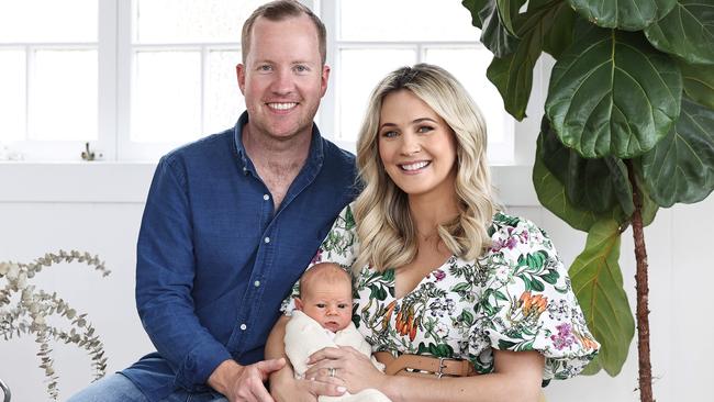 Kendall Gilding at home with husband Tim Morgan and one-week-old Moses. Picture: Tara Croser.