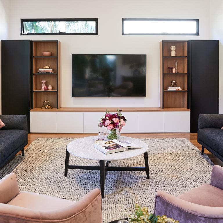 Neale Whitaker styled the property in neutral colours with lilac hues in the living area.