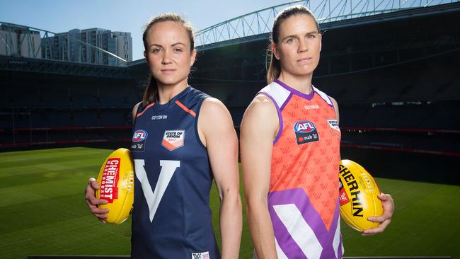 Victoria’s Daisy Pearce and The Allies’ Chelsea Randall will lead their teams in Saturday night’s State of Origin clash at Etihad Stadium. Picture: Mark Stewart