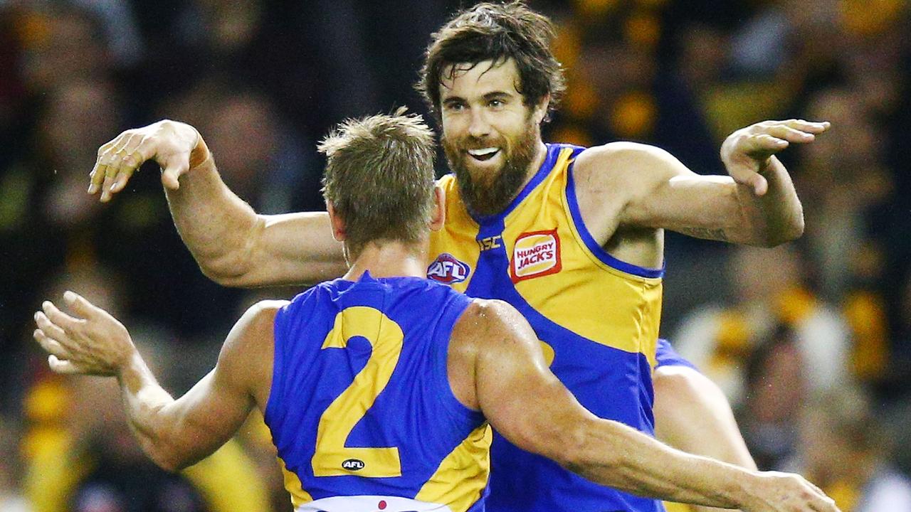 Mark LeCras and Josh Kennedy celebrate a goal in West Coast’s win over Hawthorn. (Photo by Michael Dodge/Getty Images)