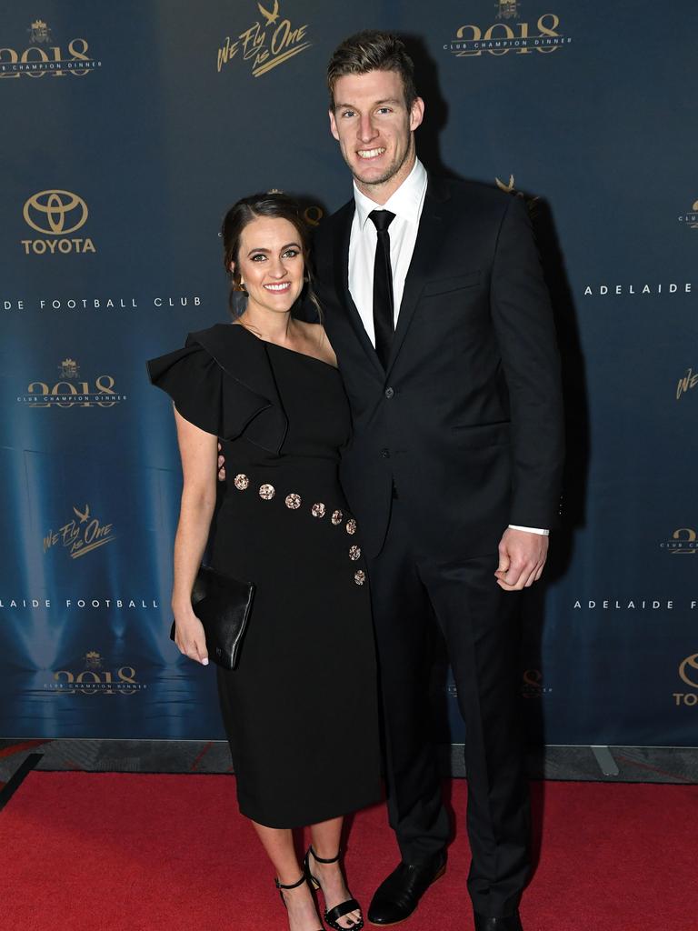 Josh Jenkins and Hannah Delmenico on the red carpet ahead of the Malcolm Blight medal presentation night at the Adelaide Entertainment Centre.