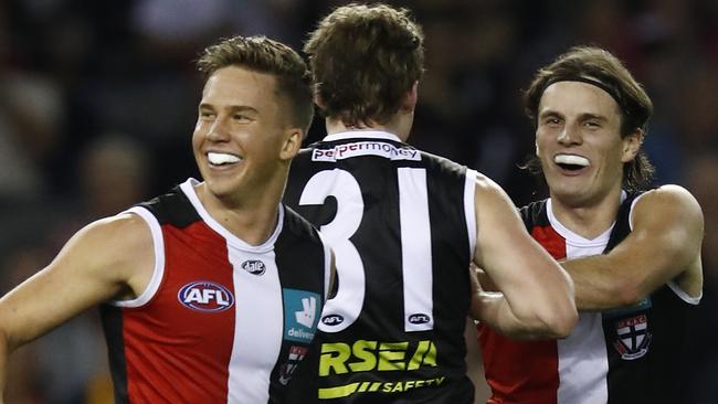 MELBOURNE, AUSTRALIA - MAY 01: Hunter Clark of the Saints celebrates a goal  during the round seven AFL match between the St Kilda Saints and the Hawthorn Hawks at Marvel Stadium on May 01, 2021 in Melbourne, Australia. (Photo by Darrian Traynor/Getty Images)