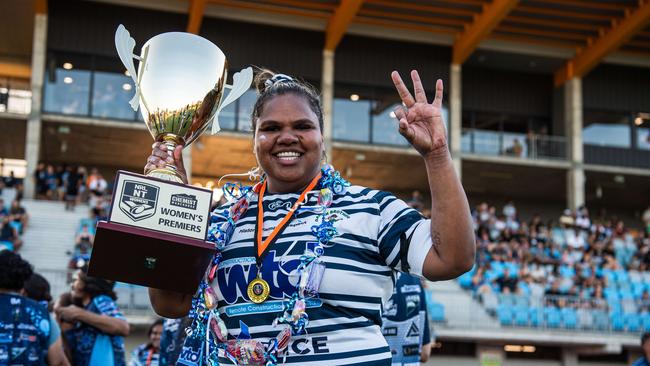 Captain Bianca Scrymgour celebrates the Darwin Brothers win against the Palmerston Raiders in the 2024 NRL NT women's grand final. Picture: Pema Tamang Pakhrin