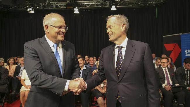 Prime Minister Scott Morrison and Opposition Leader Bill Shorten shake hands before the leaders’ debate kicked off in Perth. Picture: AFP