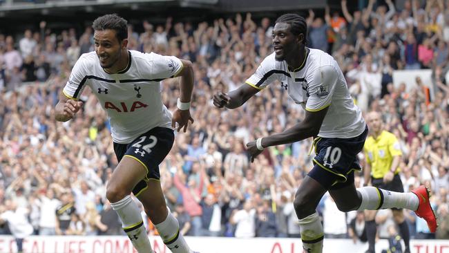 Tottenham Hotspur's Nacer Chadli, left, celebrates his second goal against Queens Park Rangers.