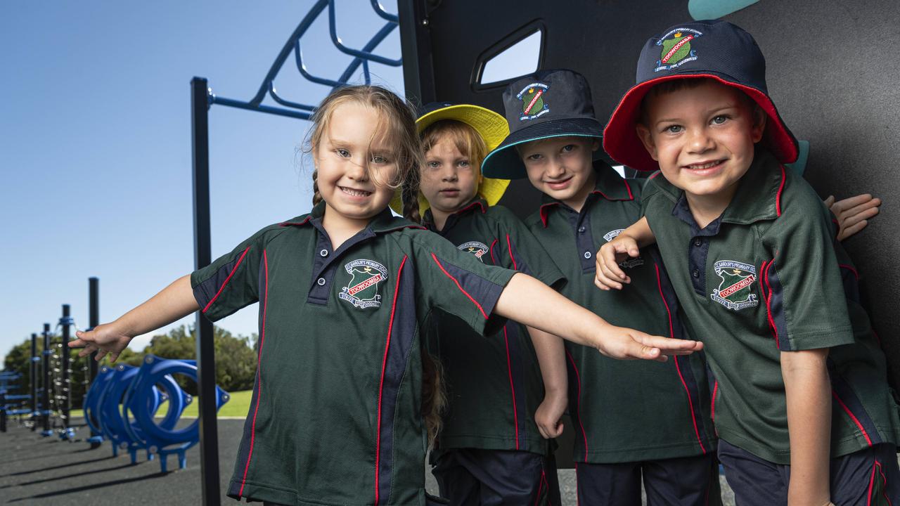 St Saviour's Primary School prep students (from left) Summer-Rose Filipetto, Nora Croft, Billy Hannant and Henley Neowhouse check out the ninja adventure play ground on their first day of school, Wednesday, January 29, 2025. Picture: Kevin Farmer