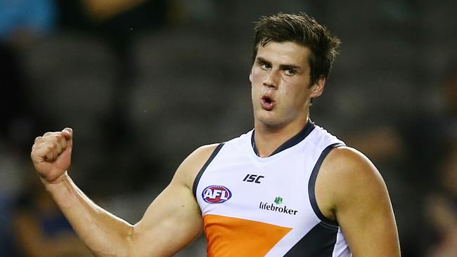 AFL Round 23 Western Bulldogs v GWS at Etihad Stadium. Tom Boyd after kicking a goal 2nd qtr . Pic: Michael Klein. Sunday August 31, 2014.