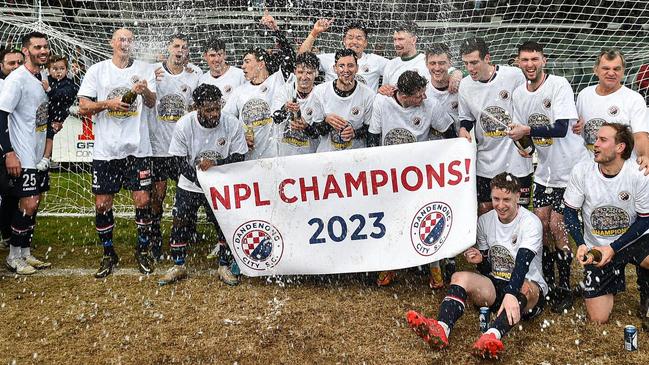 Dandenong City celebrates its NPL2 premiership. Picture: Dandenong City Facebook