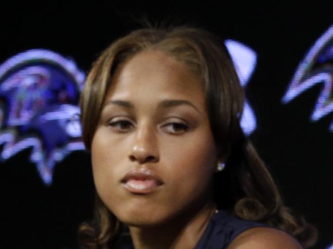 FILE - In this May 23, 2014, file photo, Baltimore Ravens running back Ray Rice, right, speaks alongside his wife, Janay, during a news conference at the team's practice facility in Owings Mills, Md. A new video that appears to show Ray Rice striking then-fiance Janay Palmer in an elevator last February has been released on a website. (AP Photo/Patrick Semansky, File)