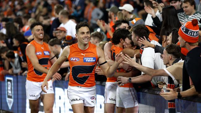 Giants fans were the ones celebrating with their team after the game. Photo: Phil Hillyard