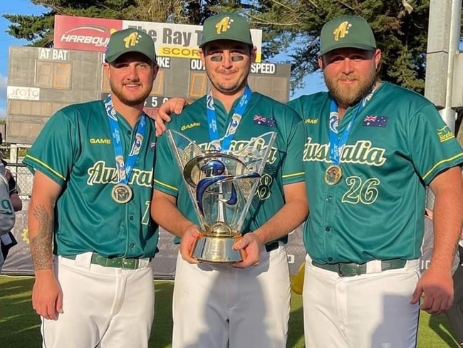 Redlands softballers a part of the Australian Steelers World Cup winning team: Marshall Julian, Riley, Marshall Kronk. Phoot: Antionette James and Kiera James.