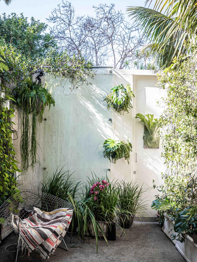 The vertical garden on both side walls frames the rear wall, with a 3-metre glass water feature creating an organic ambience, antique Berber Rug hand sourced in Marrakesh market, s Knoll Diamond chair by Harry Bertoia. Picture: Flavio Brancaleone