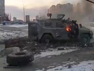 A Russian armored vehicle burning after it was reportedly destroyed by Ukrainian forces in Kharkiv. Picture: Getty Images