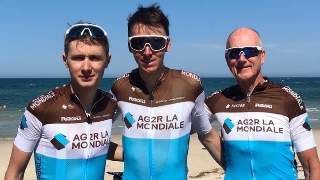 AG2r-La Mondiale's Romain Bardet, Clement Chevrier and Dr David Stapleton at Henley Beach. Picture: Supplied