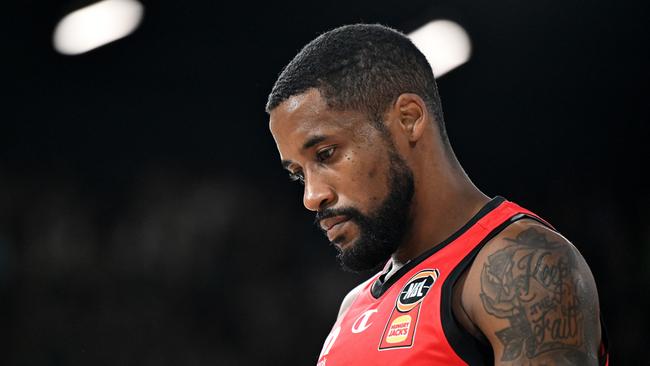 HOBART, AUSTRALIA - OCTOBER 06: Bryce Cotton of the Wildcats looks dejected during the round three NBL match between Tasmania Jackjumpers and Perth Wildcats at MyState Bank Arena, on October 06, 2024, in Hobart, Australia. (Photo by Steve Bell/Getty Images)