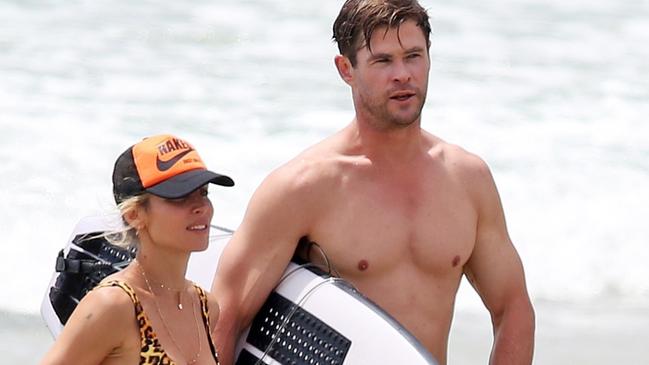 Chris Hemsworth and his wife Elsa Pataky at the beach in Byron Bay. KHAPGG / BACKGRID