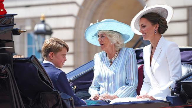 Prince George, Camilla, and Kate Middleton during the parade. Picture: AFP