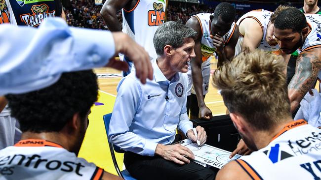 Mike Kelly (centre) head coach of the Cairns Taipans is seen during the Round 3 NBL match between Sydney Kings and Cairns Taipans at Qudos Bank Arena in Sydney, Sunday, October 28, 2018. (AAP Image/Brendan Esposito) NO ARCHIVING, EDITORIAL USE ONLY