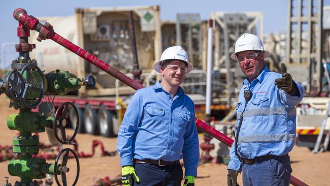 Christian Winterfield with Adrian Rietschel, Santos Site supervisor, at the Santo's Carbon Capture storage project in South Australia. Picture: Kelly Barnes