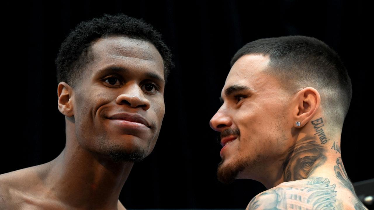 George Kambosos (R) went down in his first fight against Devin Haney (L) but promoter Lou Di says he’s better prepared for Round 2. Picture: AFP.