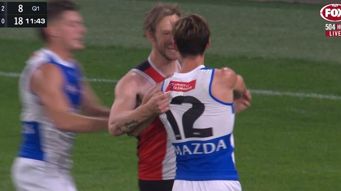 Jimmy Webster and Jy Simpkin tangle after their pre-season controversy.