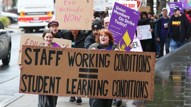 Deakin union members protested at the Waterfront campus in July over the ongoing EA dispute. Picture: Alan Barber