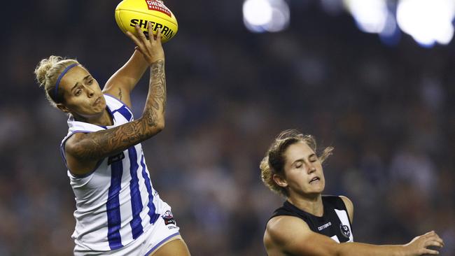 Hope marks the ball during the 2019 Round 6 AFLW match between Collingwood and North Melbourne. Picture: AAP