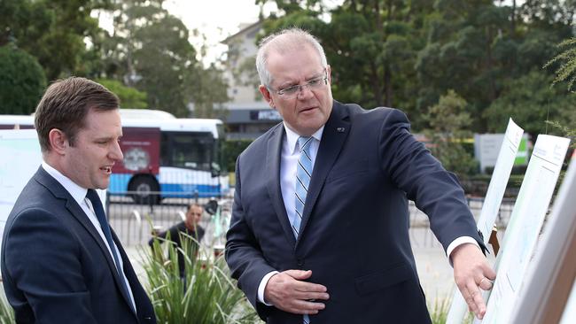 Scott Morrison and Alex Hawke at Macquarie Park in Sydney.