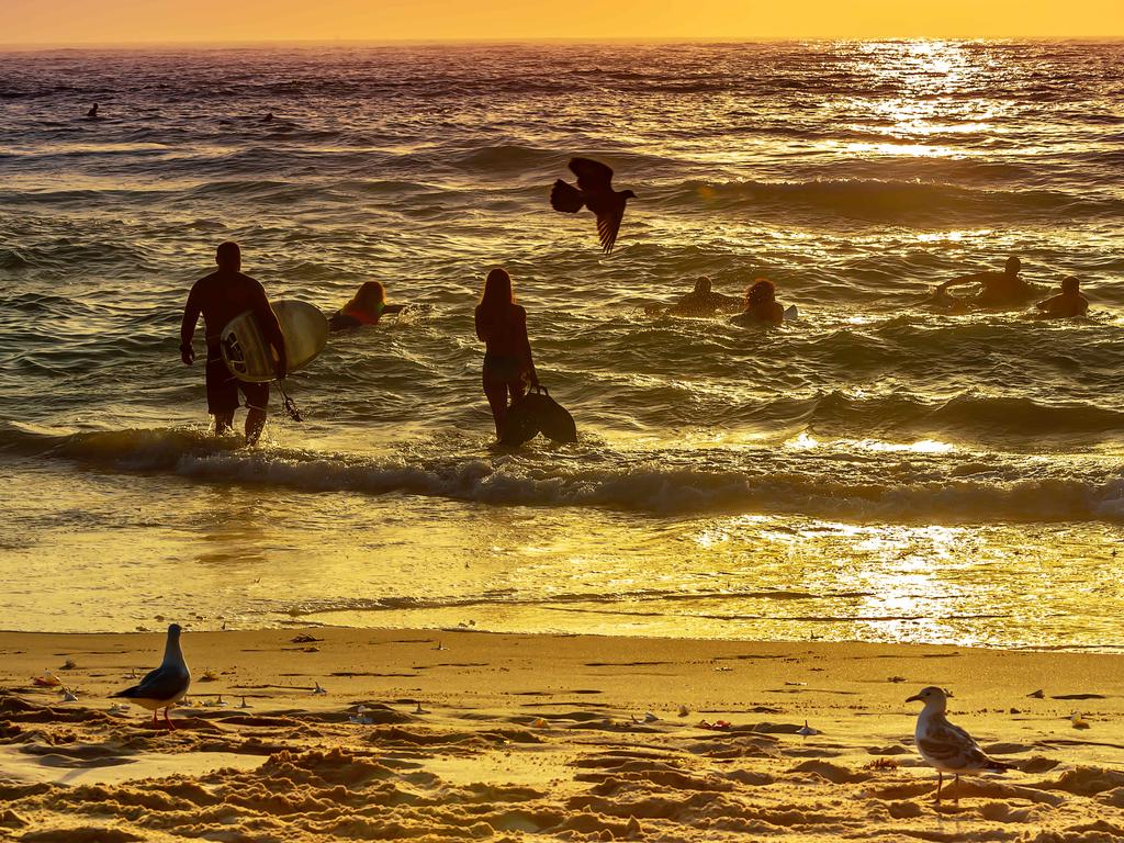 Surfers making there way out to sea to pay tribute to Annalise Braakensiek at the Memorial held at Bondi Beach around 7am Wednesday January 16 Image Picture: Monique Harmer