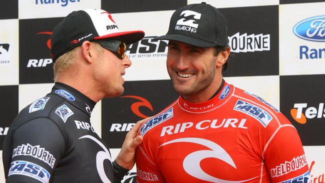 Mens final Rip Curl Pro at Bells Beach. Mick fanning congratulates Joel Parkinson on his win in the final.