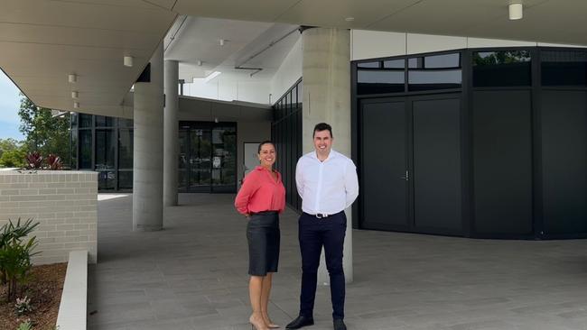 Renee Hughes and Bede Blatchford from Colliers Gold Coast at the Proxima building.