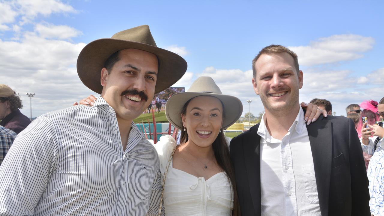 Shannon and Christy D'Costa with Jazper Dwyer at the 2023 Audi Centre Toowoomba Weetwood race day at Clifford Park Racecourse.