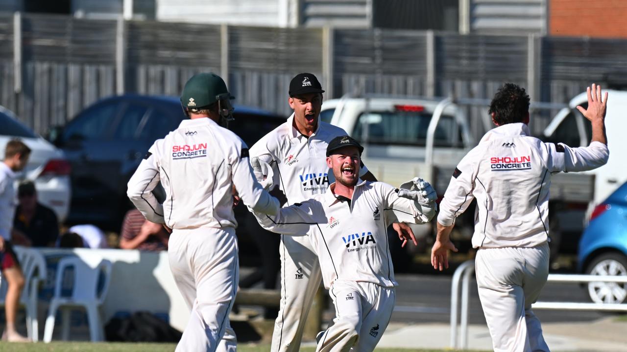 North Geelong's Dale Kerr celebrates a late East Belmont wicket. Picture: Wes Cusworth.