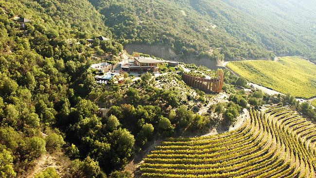 Lapostelle Residence overlooks grape vines and the Colchagua Valley.