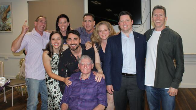 Tom Giudice with his grandchildren (from left to right) Brett Giudice, Zoe Bartolo, Tamara Augostis, Caleb Bartolo, Troy Giudice, Rachel Barrett, Trent Cusack and Jody Giudice. Picture: Supplied