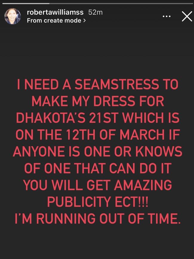 Roberta’s call-out for a seamstress.