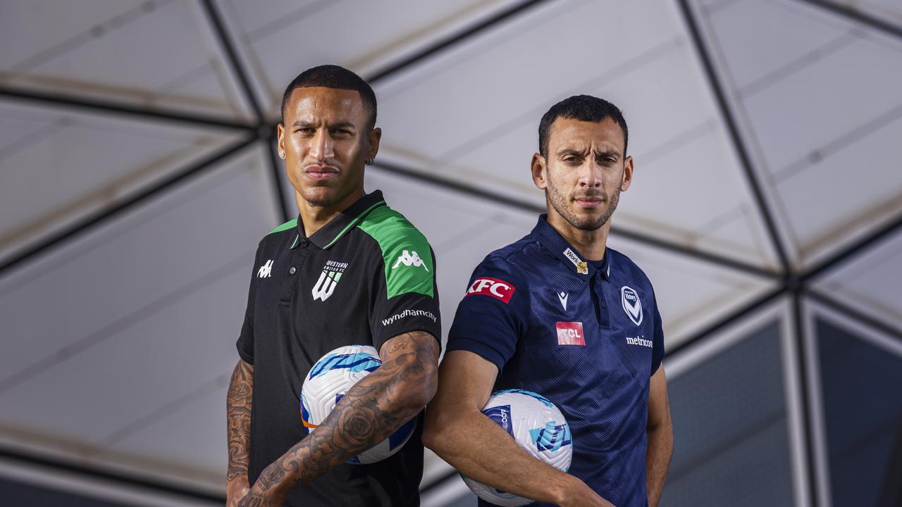 Western United’s Leo Lacroix (left) and Melbourne Victory’s Roderick Miranda will be on opposing sides at AAMI Park on Tuesday night. Picture: Daniel Pockett/Getty Images