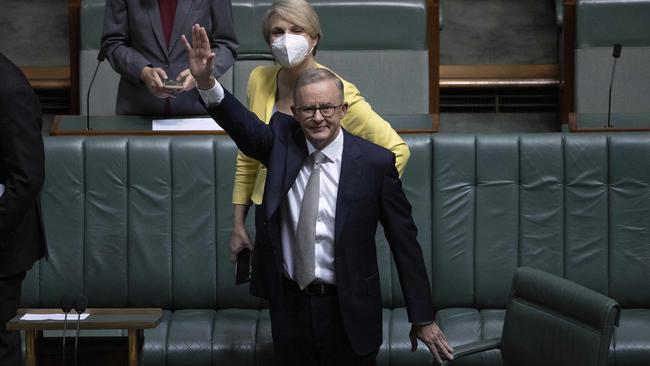 Anthony Albanese waves to supporters in the public gallery after his budget reply speech on Thursday night. Picture: Gary Ramage