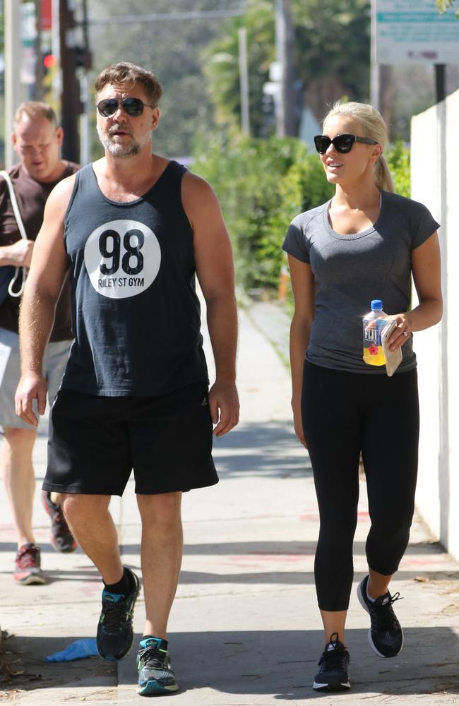 Russell Crowe out for exercise with Ellie Aitken in Los Angeles’ Beverly Hills in February 2016. Picture: Russell Crowe