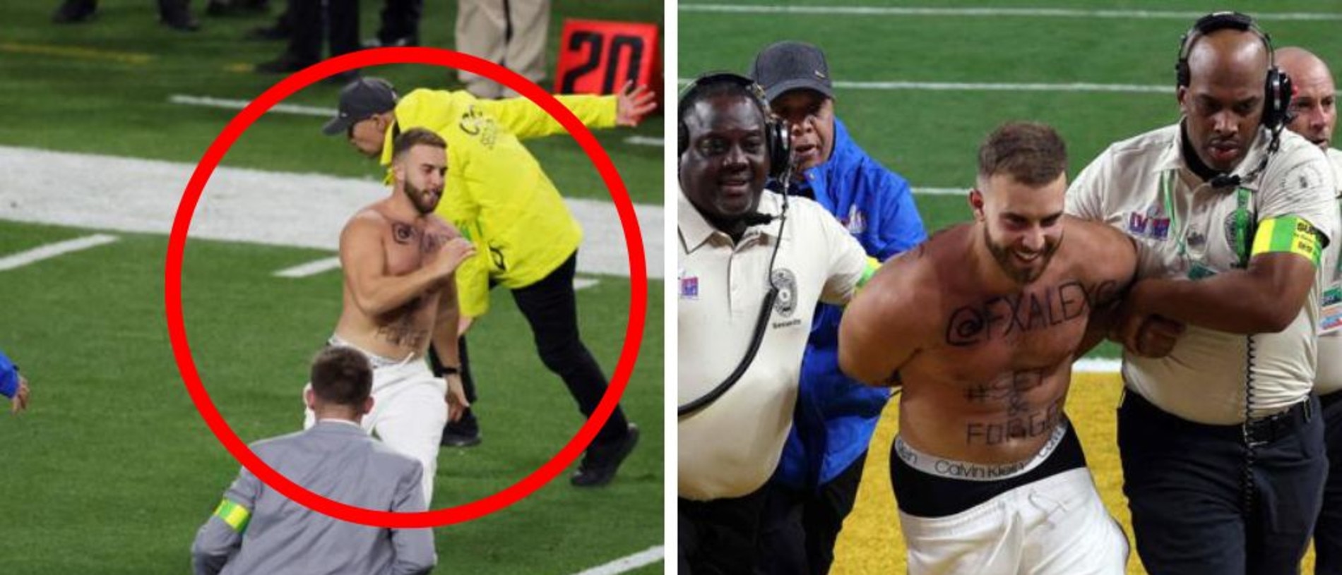 Two streakers interrupt the Super Bowl during the match between Kansas City  Chiefs and San Francisco 49ers